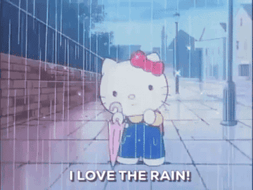 Hello Kitty sostiene un paraguas bajo la lluvia con texto &quot;I LOVE THE RAIN&quot;