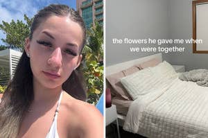 Woman selfie outdoors, split with image of a bed with a caption about receiving flowers