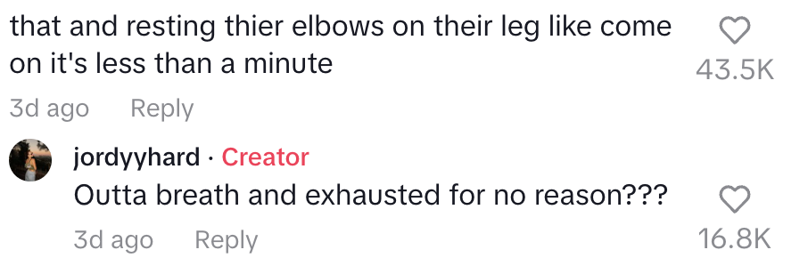Comments on a post discussing sudden exhaustion, one mentioning resting elbows on leg, other agrees on feeling out of breath