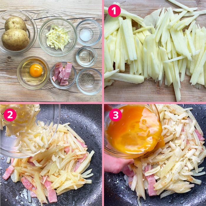 じゃがいも、卵などを使った料理の手順を示す4枚の画像。