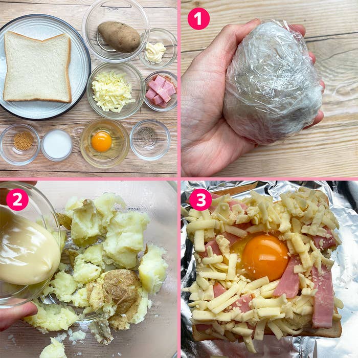 レシピのステップを示す4枚の画像。ジャガイモや他の材料が登場し、最終的に食材が混ざった料理が完成している。