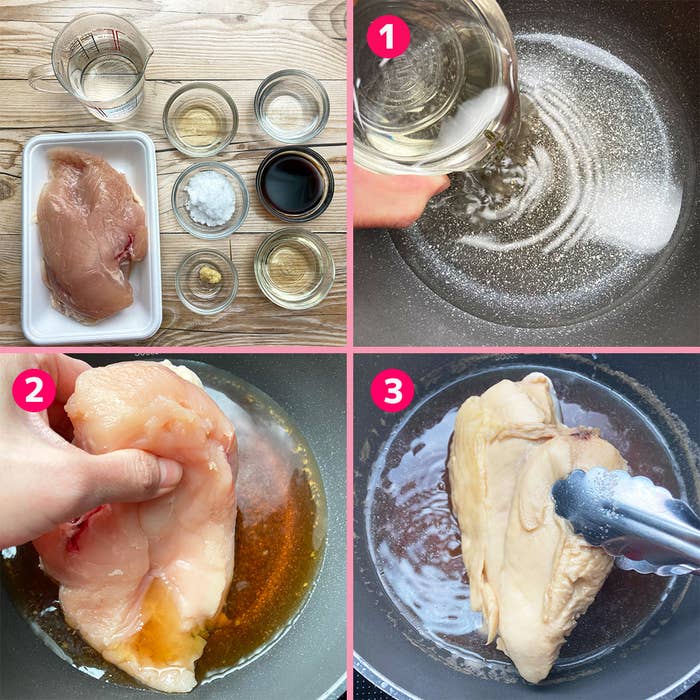 鶏肉を調味液に漬ける手順を示す画像。材料が並べられ、水を加え、手で肉をもむ場面がある。