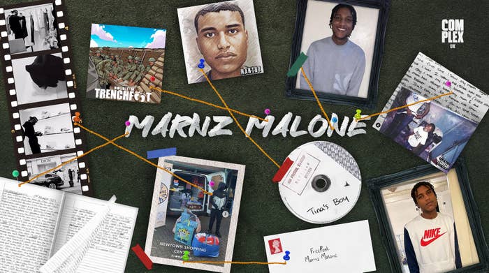 Collage of artist Marinz Malone&#x27;s career highlights including album covers, photos, and personal notes arranged on a surface