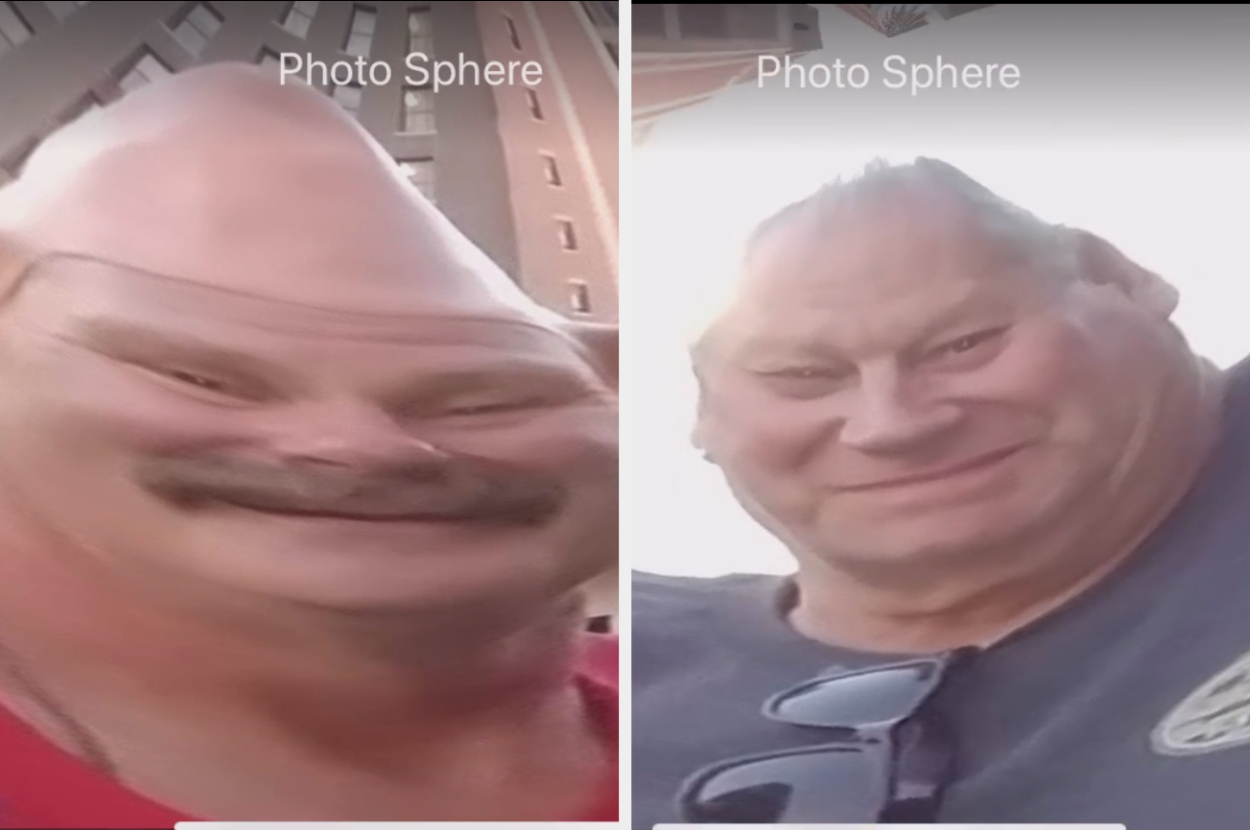 Two images side by side; left image shows a distorted face due to camera effect, right is the same man smiling normally