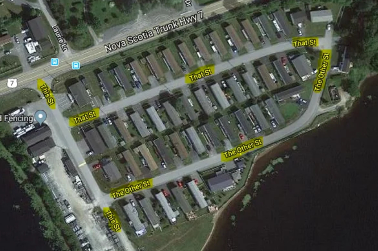 Aerial view of a street layout with humorous, edited street names like "That St" and "The Other St."