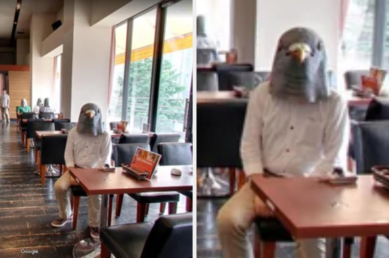 Person wearing a pigeon mask sitting at a cafe table with a laptop