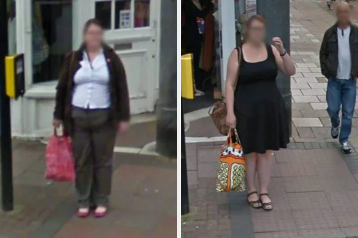 Two blurred individuals on a sidewalk, one wearing a jacket and carrying bags, the other in a sleeveless dress with a bag