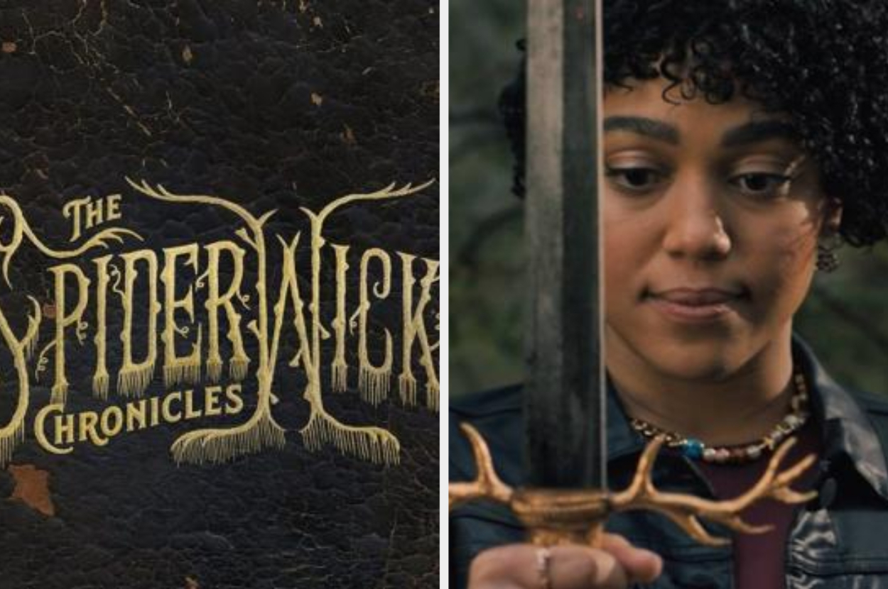 Split image; left side shows &quot;The Spiderwick Chronicles&quot; book title; right side features character Mallory Grace holding a sword