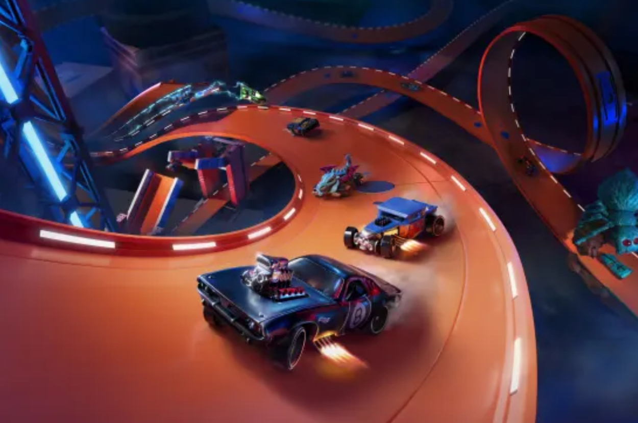 Animated toy cars racing on a winding plastic track with dynamic lighting