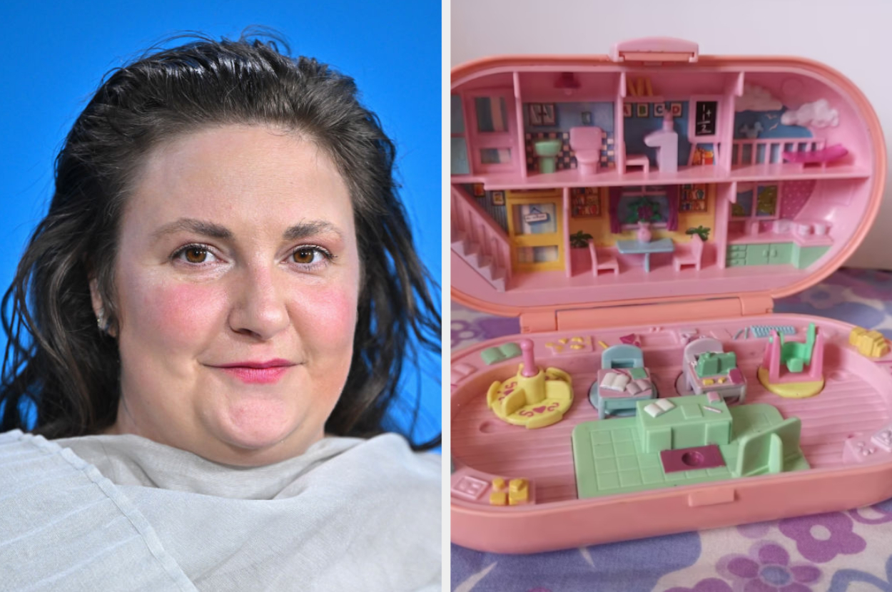 Lena Dunham next to an open Polly Pocket set displaying miniature rooms and furniture