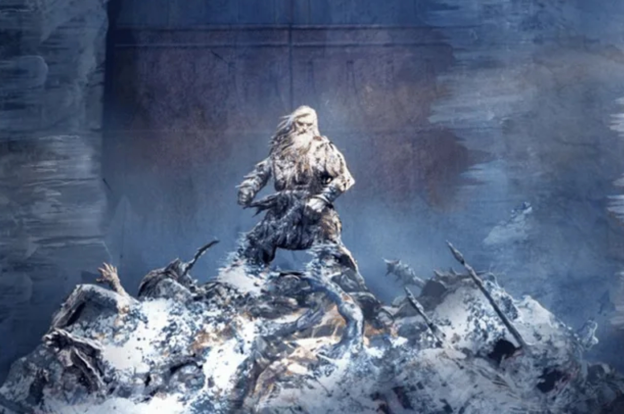 A character resembling a yeti standing atop a snowy mound surrounded by rocks and debris