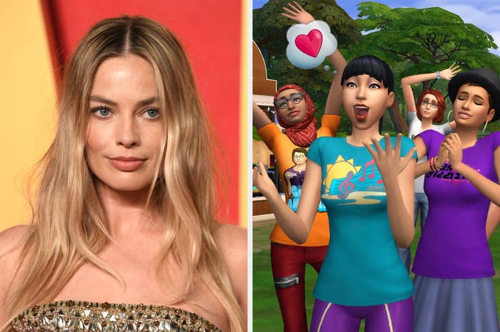Margot Robbie in a sequined dress; animated Sims characters expressing excitement