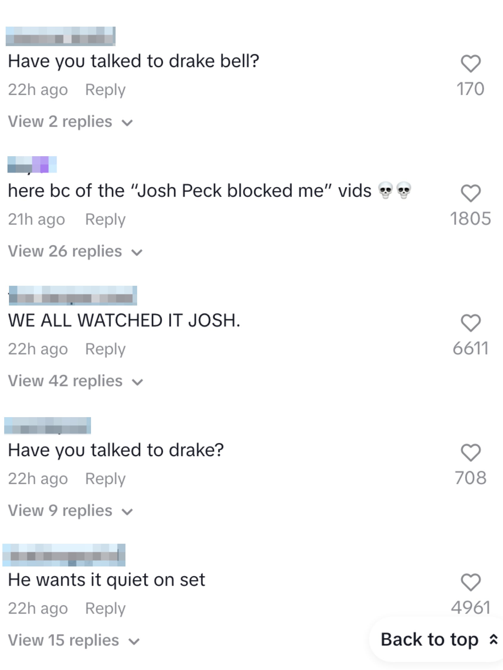 Screenshot of social media comments with users asking if someone has talked to Drake Bell and discussing Josh Peck–related videos