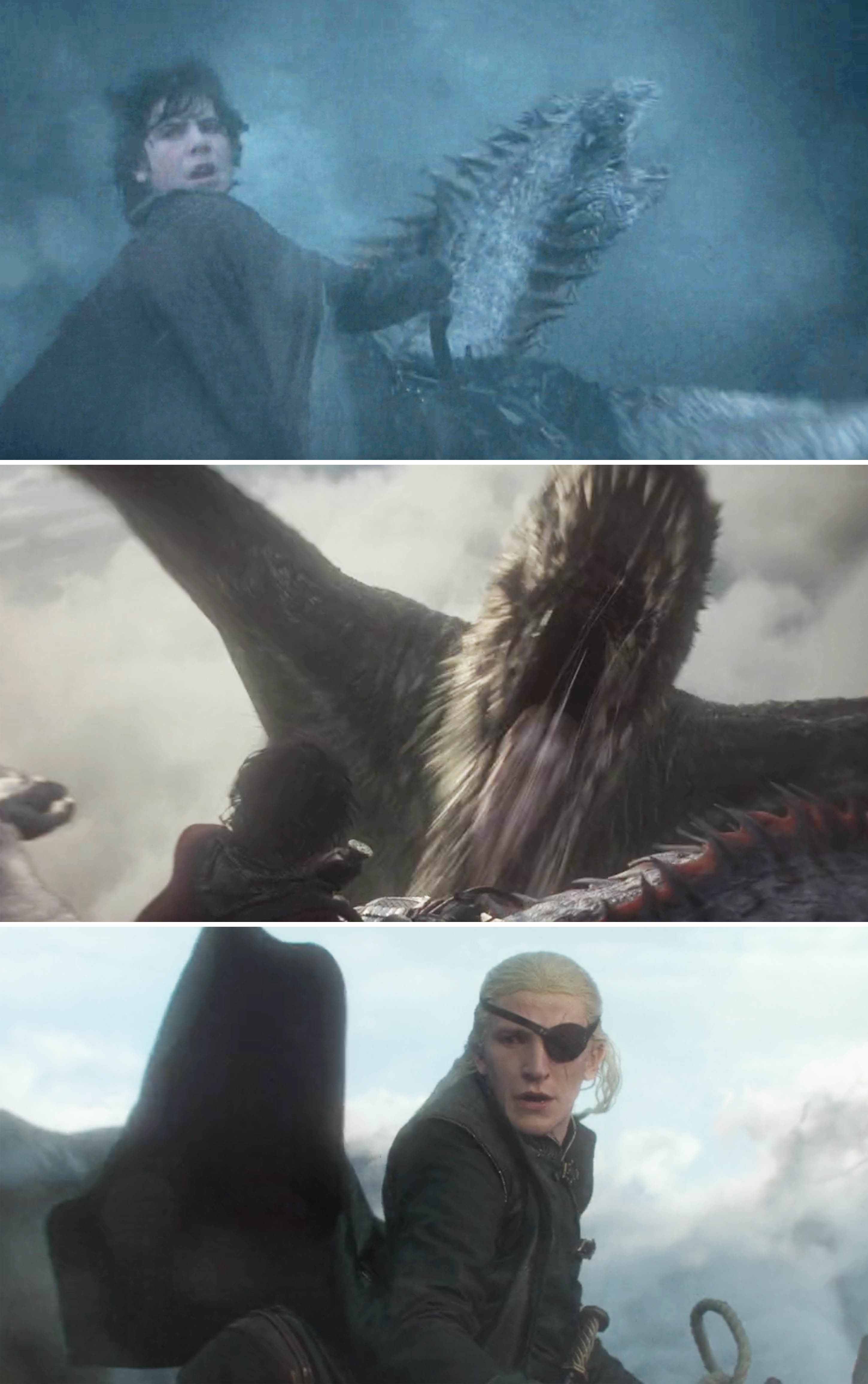 Three separate shots showing Luke&#x27;s death and Aemond watching