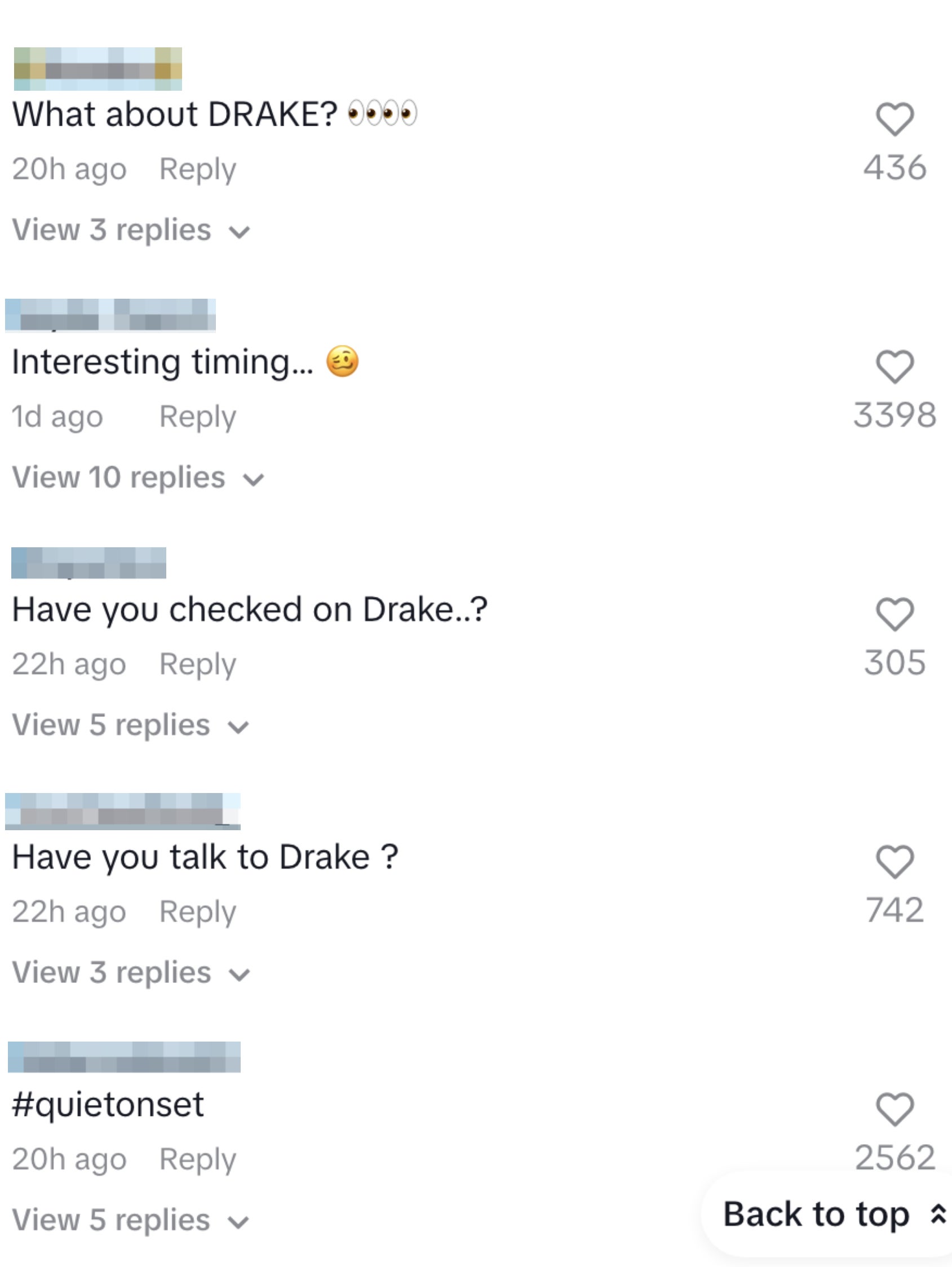 Social media comment screen with multiple inquiries about Drake