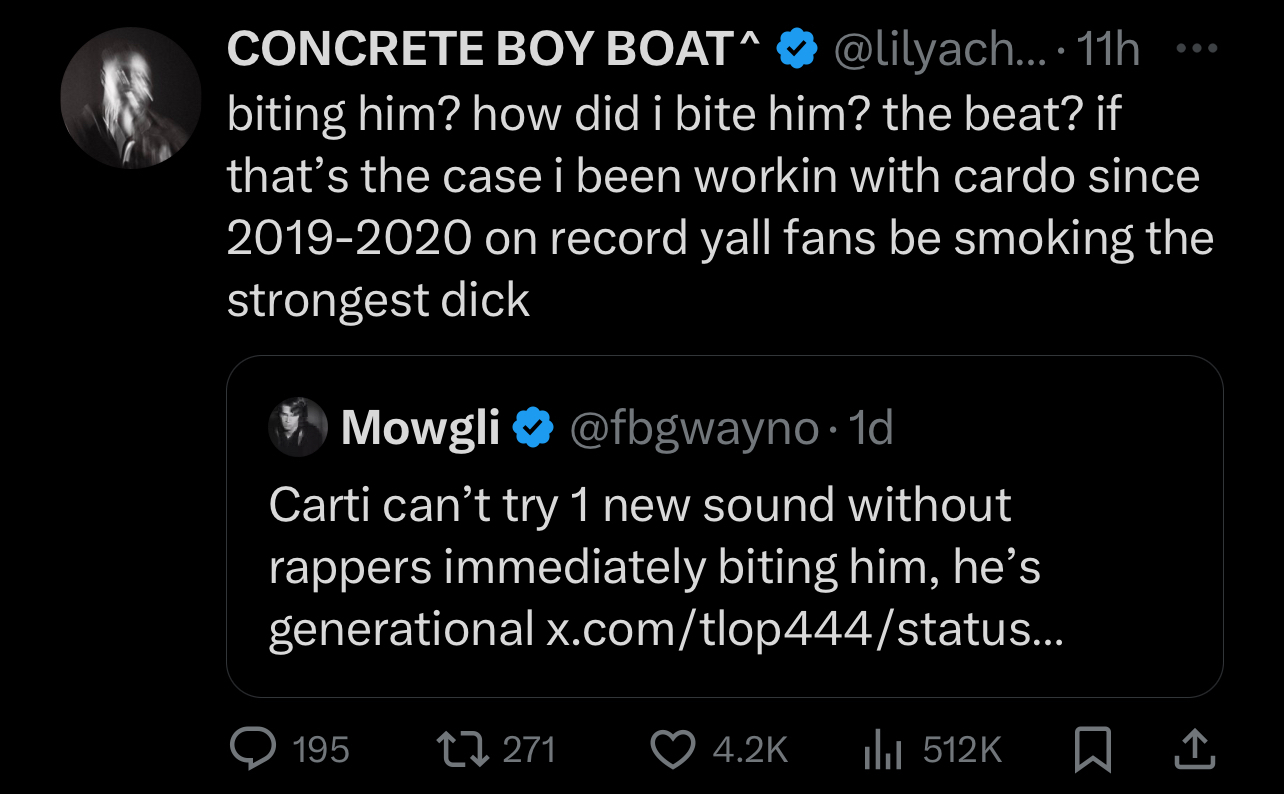 A screenshot of a Twitter exchange between users discussing a rapper&#x27;s collaboration and music evolution