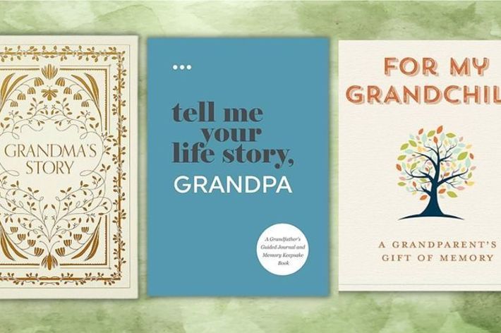 from left to right: grandma's story, tell me your life story, grandpa, and for my grandchild journals