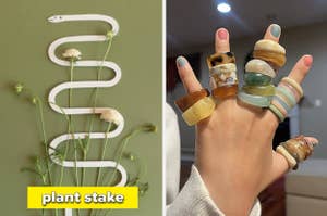 Hand modeling various chunky rings, next to image of a white plant stake with small flowers