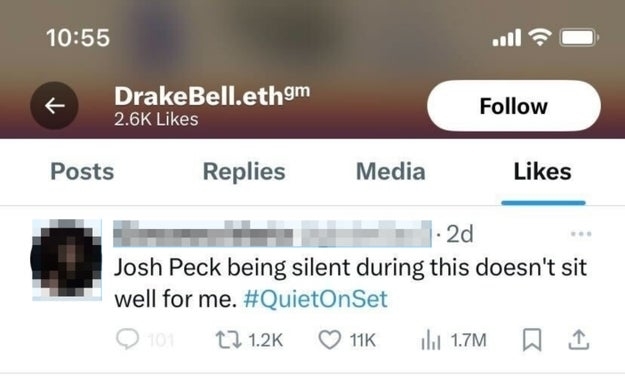 Screenshot of a social media post mentioning Josh Peck staying silent on a matter