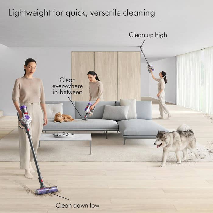 Woman uses a lightweight vacuum cleaner in various positions in a living room with a dog