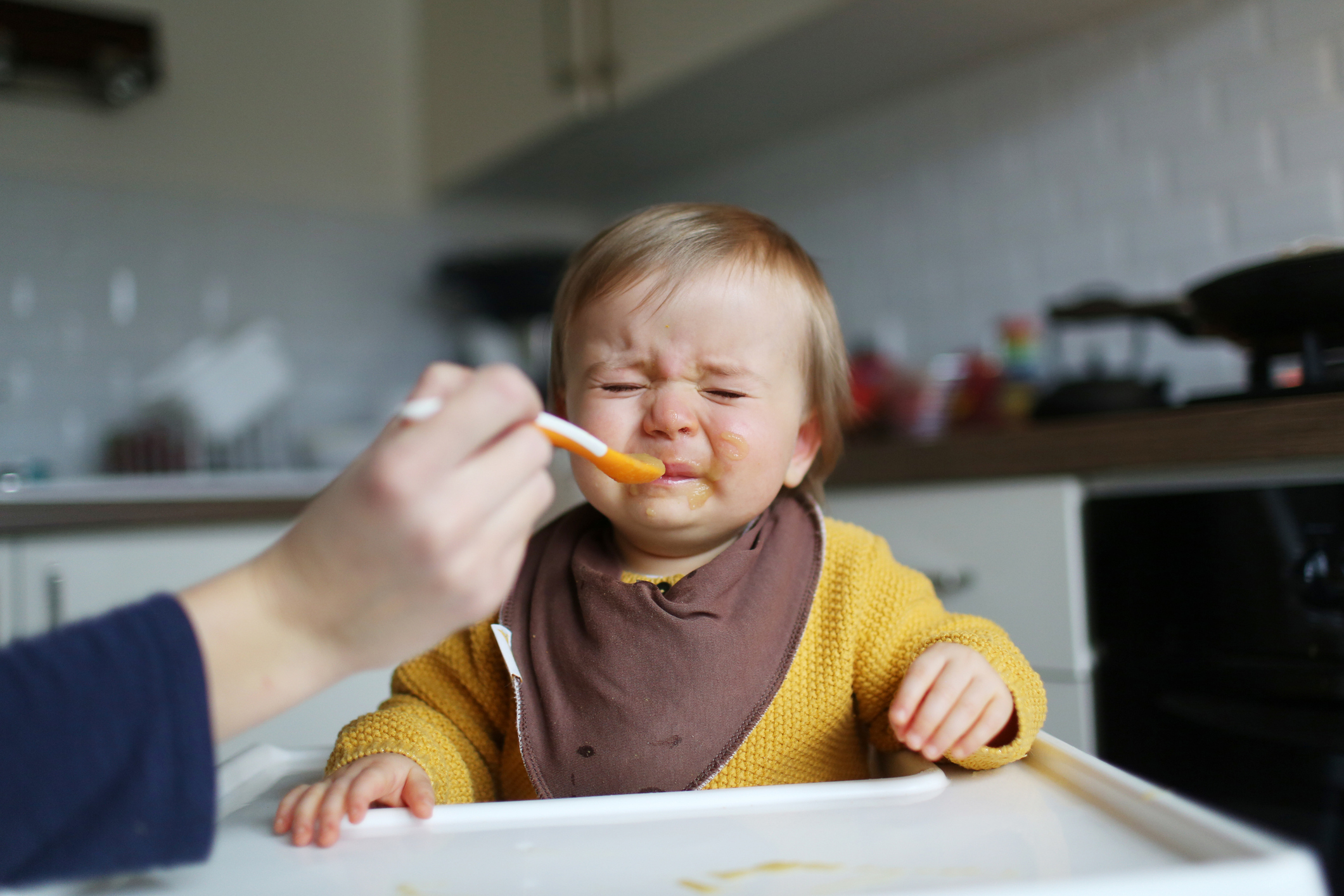 Toddler grimacing while being fed with a spoon by an adult&#x27;s hand, seated in a high chair