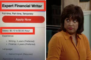 Job advertisement for "Expert Financial Writer" next to a woman in a yellow top looking skeptical