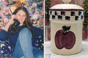 Young person smiling while on phone, sitting in front of photo collage. Next to a vintage ceramic apple jar