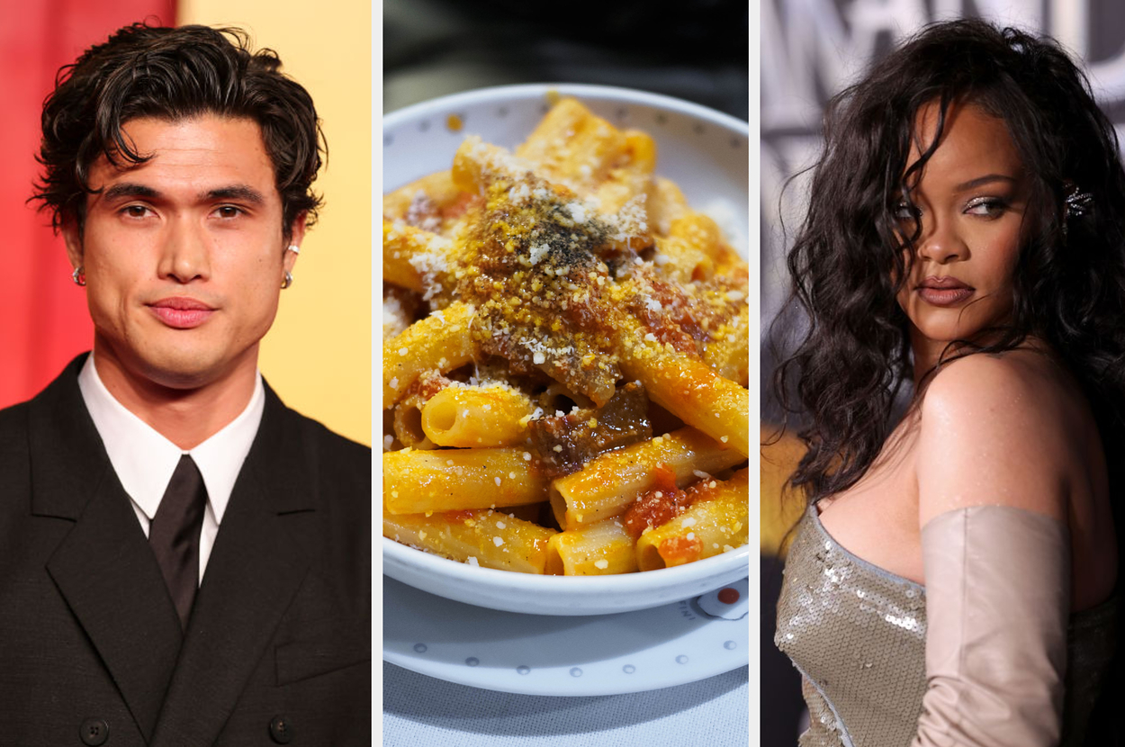 Three separate images: charles melton in a suit, a plate of pasta, and Rihanna in a glittery dress