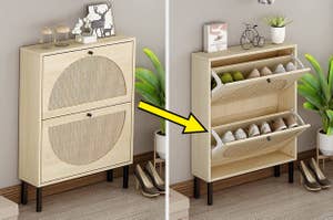Shoe cabinet with pull-down compartments open, showing organized footwear storage solution