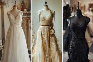 Three mannequins displaying wedding dresses; one with lace details, another with floral embellishments, and a black gown with beading