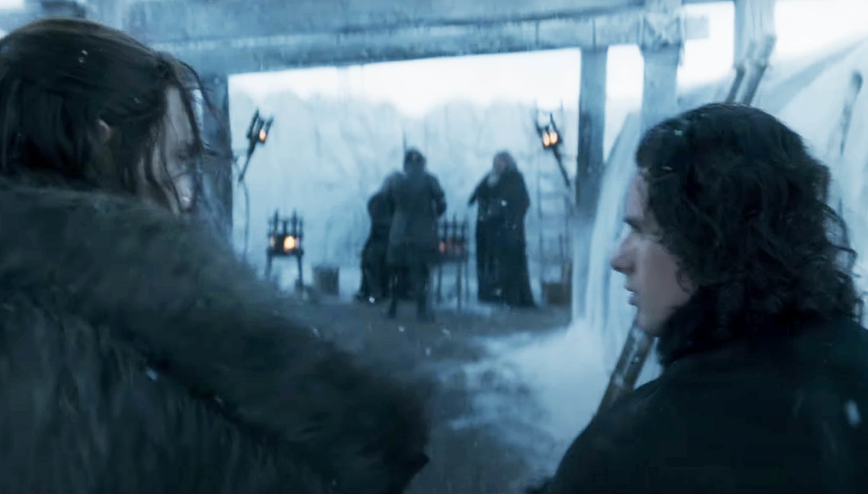 Two characters in House of the Dragon, one who appears to be Cregan Stark, walking The Wall