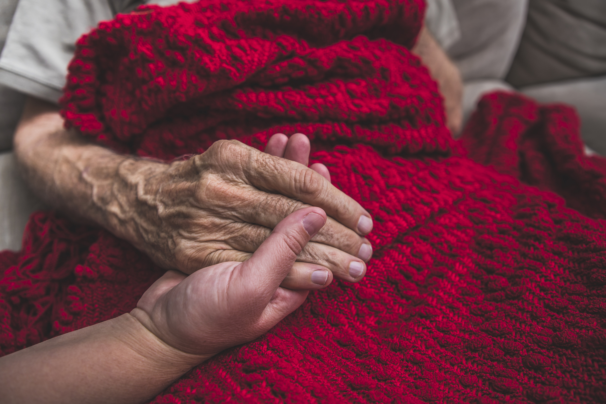 A younger person&#x27;s hand gently holding an older person&#x27;s hand over a red blanket