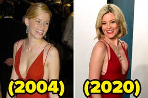 Split image of Elizabeth Banks in different years wearing similar red dresses at events