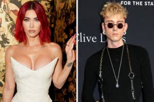 Two celebrities at events; one in a studded corset, another in a black sweater with chains