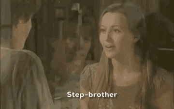 Two people in a scene, with one labeled &quot;Step-brother&quot; and subtitles visible