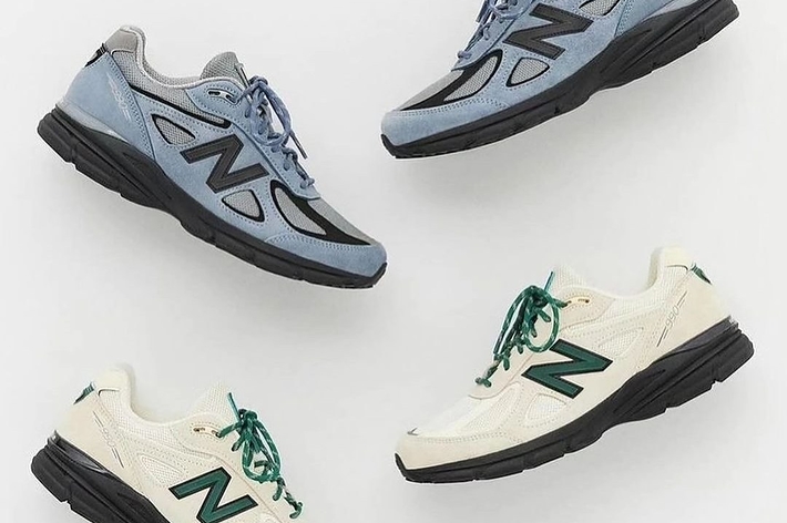 Four New Balance sneakers displayed on a plain background, two in light blue and two in cream with green laces
