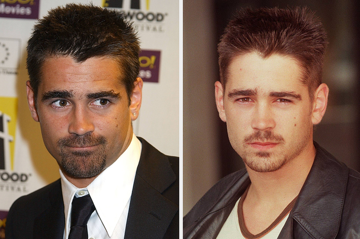 Side-by-side comparison of a celebrity with spiky hair then and a more groomed look now