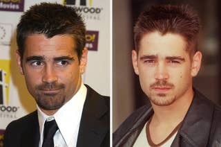 Side-by-side comparison of a celebrity with spiky hair then and a more groomed look now