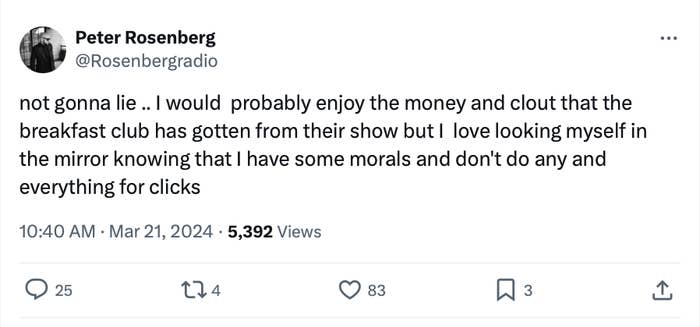 Tweet by Peter Rosenberg criticizing another show for lacking morals, while he avoids such behavior for clicks