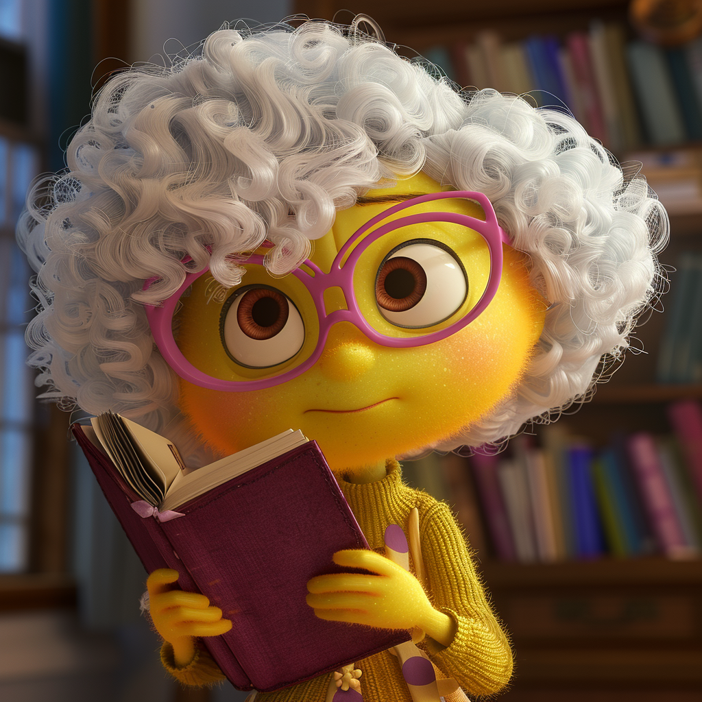 Animated character with glasses and curly hair reading a book in a library setting