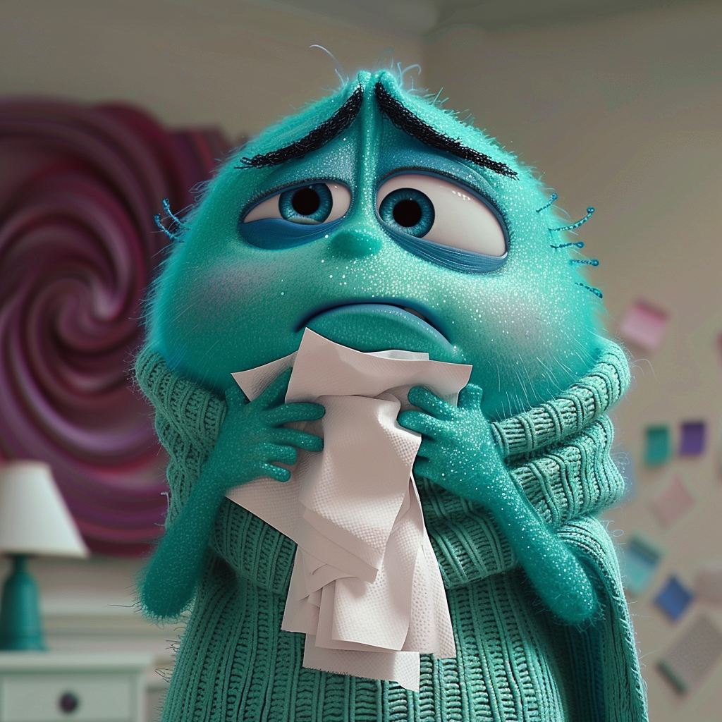 Animated character Me from &#x27;Inside Out&#x27; looking worried, holding a piece of paper, with a swirly backdrop