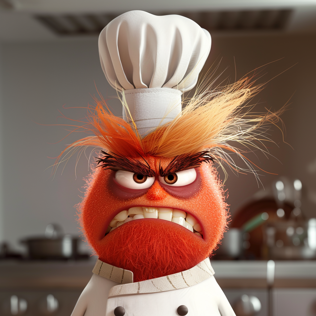 Animated character Chef Skinner from &#x27;Ratatouille&#x27; with a scowl, in chef attire, and tall white hat