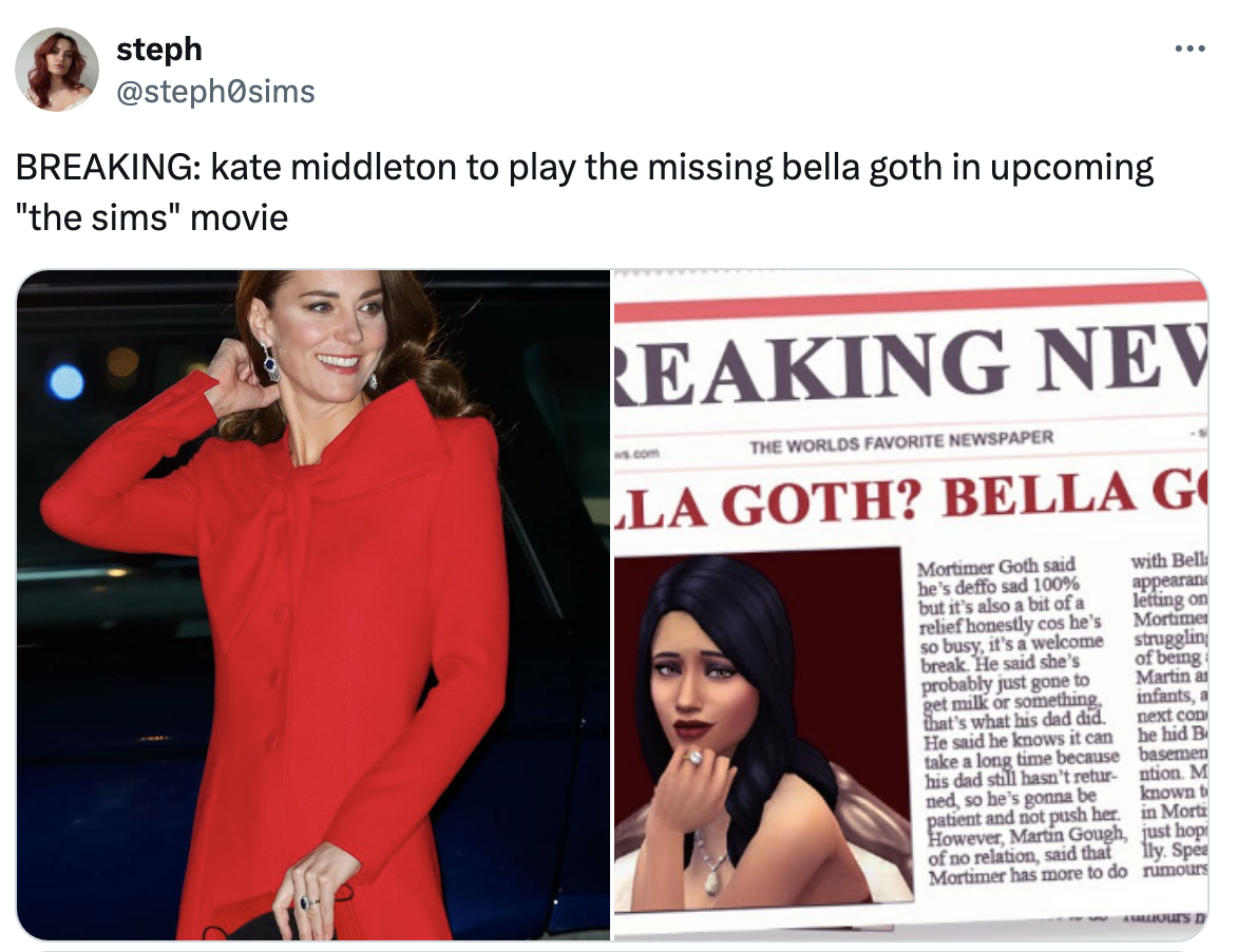 Kate Middleton in a red coat smiling with a picture of Bella Goth from The Sims game, tweet hints Kate will portray her