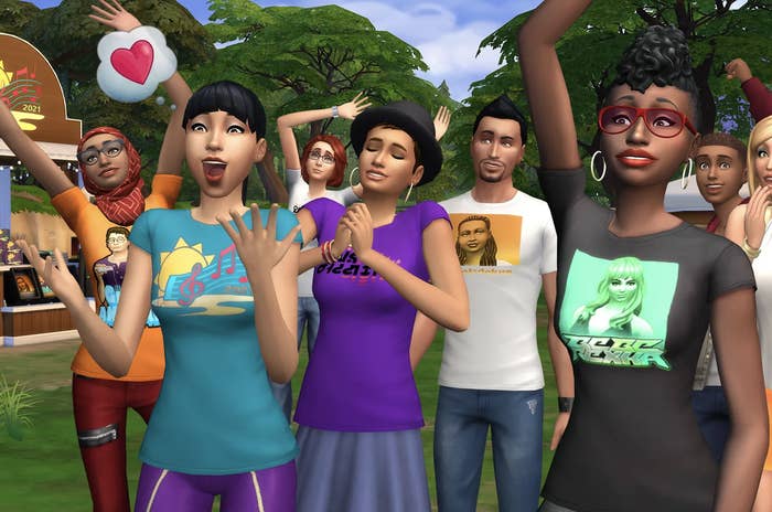 A group of animated characters from The Sims game displaying various expressions and gestures as they stand outside with a heart icon overhead
