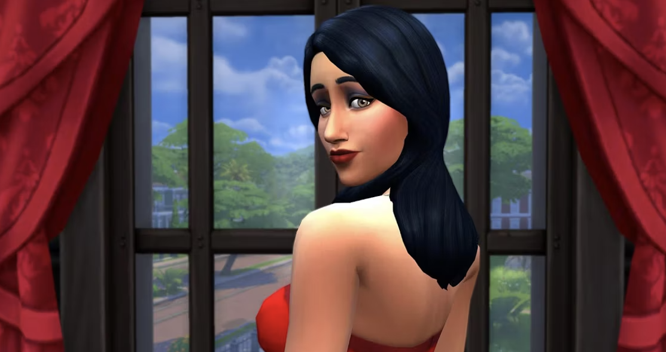 Bella Goth looking over her shoulder by a window with curtains