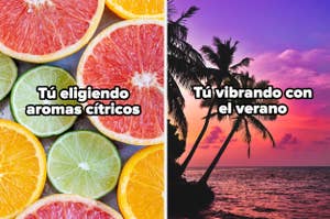 Imagen dividida: a la izquierda, cítricos; a la derecha, playa con palmeras al atardecer. Texto contrasta estilos de vida