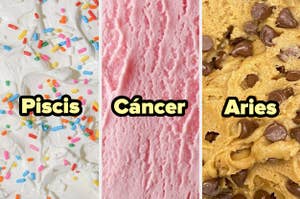 Tres tipos de helado representando los signos del zodíaco Piscis, Cáncer y Aries