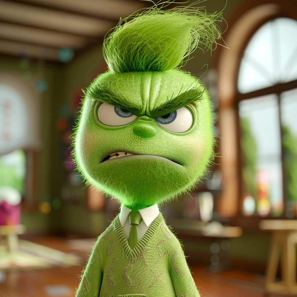 Angry character from &#x27;Inside Out&#x27; with fluffy green hair and a green sweater