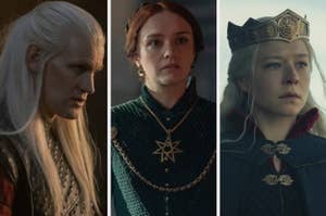 Three characters from different TV shows in medieval-style costumes
