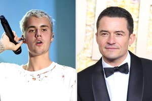 Justin Bieber in a distressed white shirt holding a mic; Orlando Bloom in a black suit with bow tie